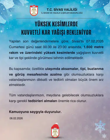 Meteorolojiden Sivas İçin Kuvvetli Kar ve Tipi Uyarısı