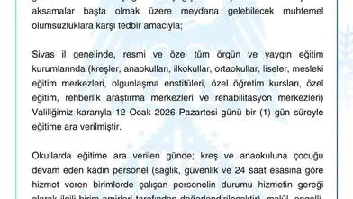 Sivas’ta 12 Ocak’ta Okullar Tatil