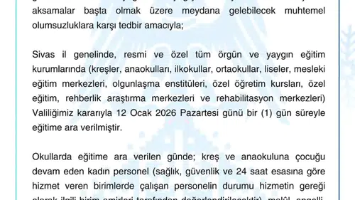 Sivas’ta 12 Ocak’ta Okullar Tatil