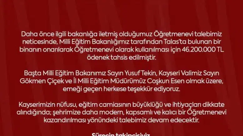 Kayseri'de Öğretmenevi Sorunu Çözülüyor: Talas İçin 46,2 Milyon TL Ödenek Tahsis Edildi