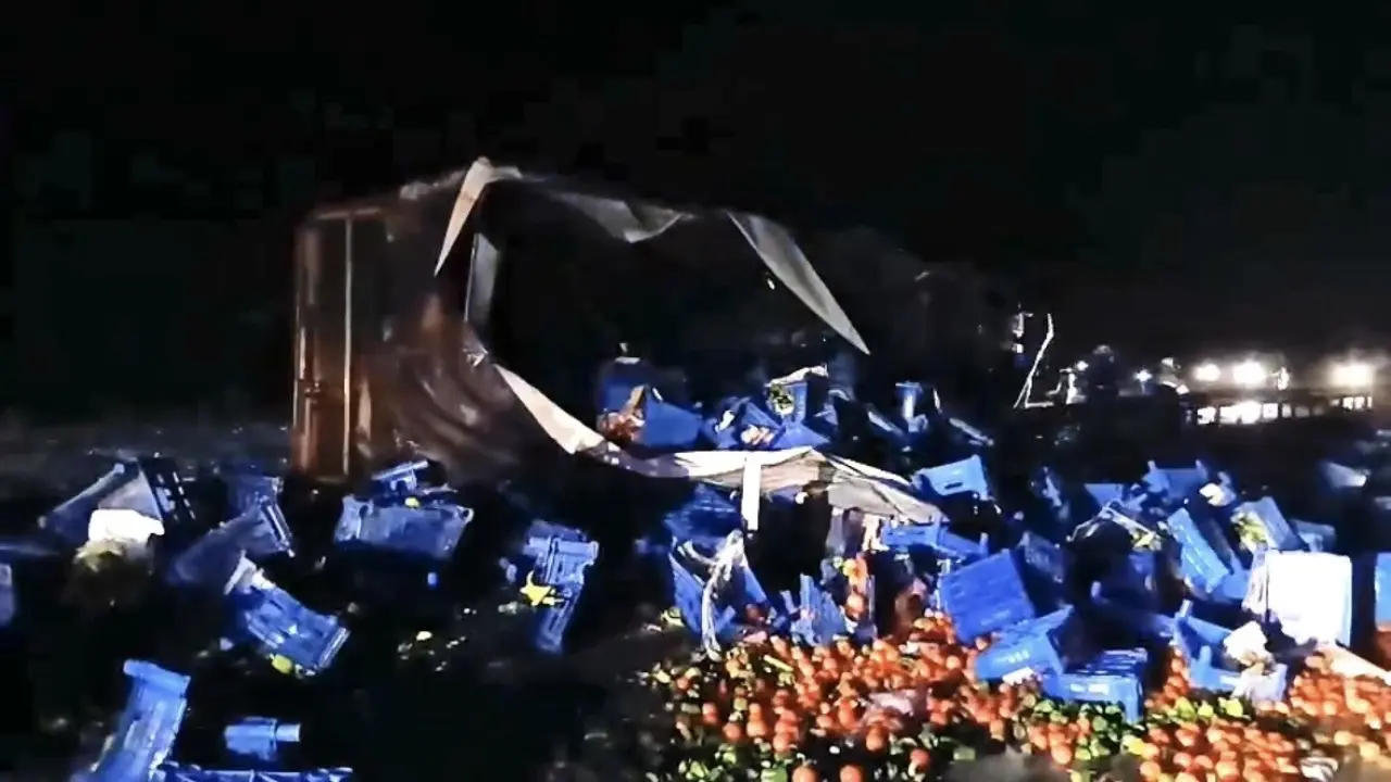 Sağanak felaketi! Meyve yüklü tır devrildi, karayolu meyve tarlasına döndü 1